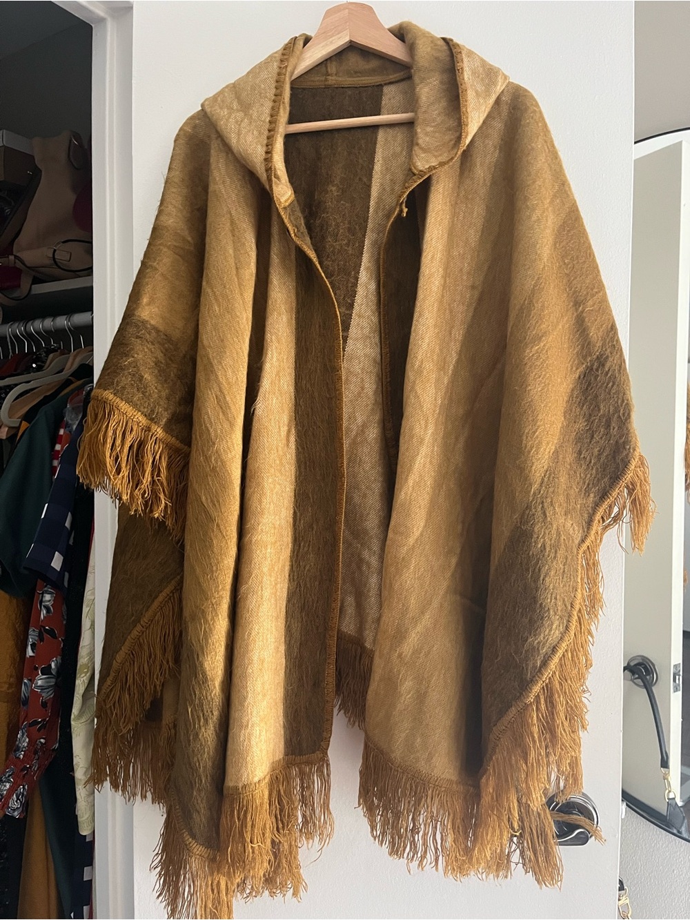 Peruvian Tan Fringe Hooded Throw Poncho